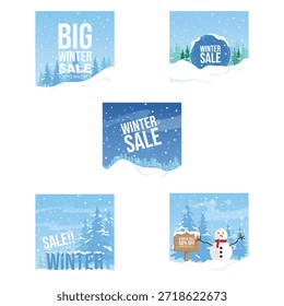 Vector illustration collection of winter themed designs. The set includes winter sale banners, "Hello Winter" greetings, snowy landscapes with pine forests, cozy wooden cabins, snowmen, and falling snow. Perfect for seasonal marketing, social media posts, discount vouchers, and holiday greeting cards.