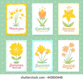 Vector illustration collection of wonderful floral template with beautiful yellow flower, green frame and inscription on white dot background. Hand draw flat doodle art design of flower poster, card