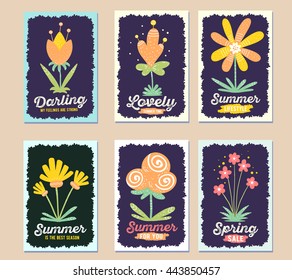 Vector illustration collection of wonderful floral template with beautiful yellow, red flower, pink frame and inscription on dark background. Hand draw flat doodle art design of flower poster, card
