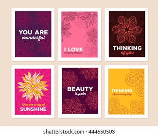 Vector illustration collection of wonderful floral template with beautiful flower, white frame and inscription on color background. Thin flat line art design to make flower poster, card, invitation