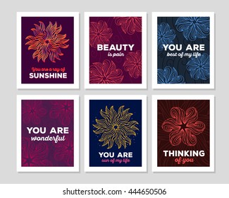 Vector illustration collection of wonderful floral template with beautiful flower, white frame and inscription on dark color background. Thin flat line art design for flower poster, card, invitation