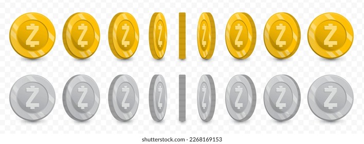 Vector illustration of a collection of Zcash currency coins in gold colors and grayscale isolated on transparent background (PNG).