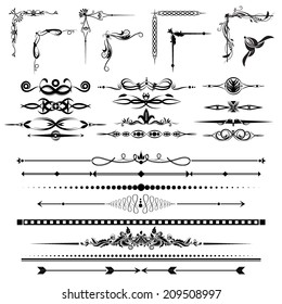 Vector illustration of a collections of calligraphic design elements - dividers, corners, floral ornaments, isolated on white