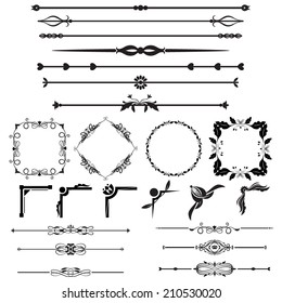 Vector illustration of a collections of calligraphic design elements - dividers, corners, floral ornaments, isolated on white