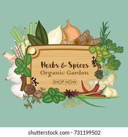 Vector illustration of Collections of spice and herb with plank wooden tray