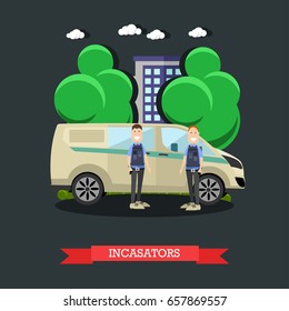 Vector illustration of collectors standing next to armored bank car. Transportation of valuables, collection services concept design element in flat style.