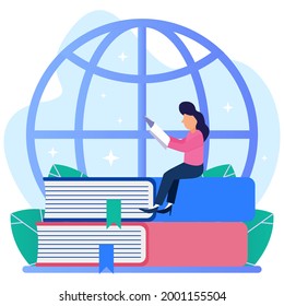 Vector illustration of college student education concept sitting on a book reading. graphic design for language courses, English schools, international schools.