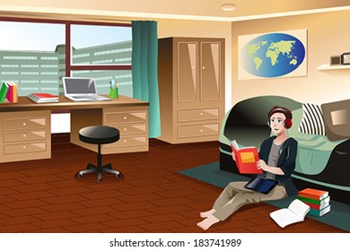 A Vector Illustration Of College Student Studying While Listening To Music In A Dorm Room