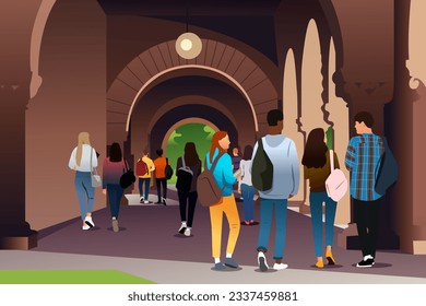 Una ilustración vectorial de los estudiantes universitarios en el campus