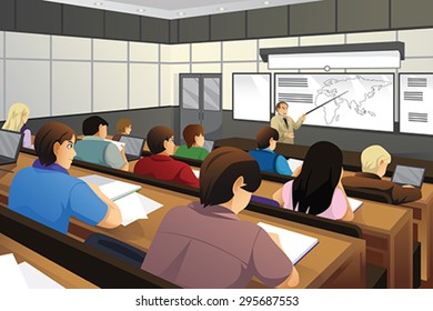 A vector illustration of college students in class with professor teaching