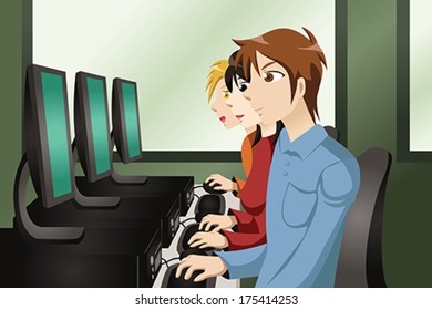 A Vector Illustration Of College Students In A Computer Lab