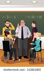 A vector illustration of college students having a discussion with their professor in the classroom