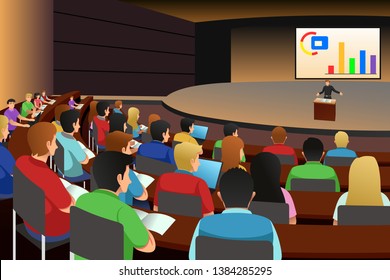 A Vector Illustration Of College Students Listening To The Professor In The Auditorium