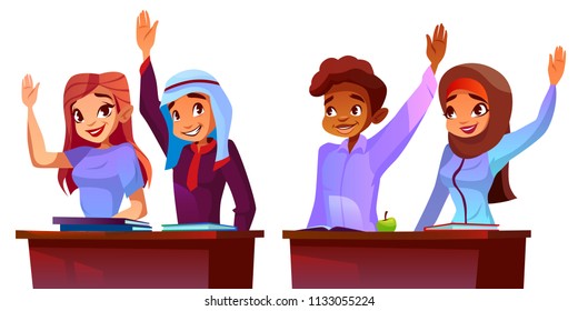 Vector illustration of college students - multicultural pupils. Education of arabic, african and caucasian people. Diverse multi-ethnic group, cartoon characters.