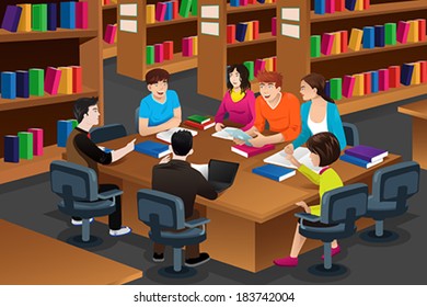 A vector illustration of college students studying in the library together
