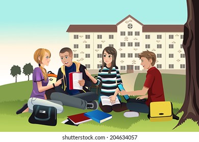 A vector illustration of college students studying outdoor on the grass