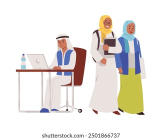 Vector illustration with college students of a young Muslim man and a student in a hijab. Cartoon characters using computers to study on a white background