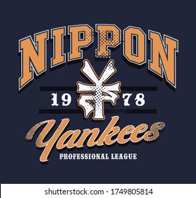 Vector illustration in college style about baseball team. Nippon means Japanese.