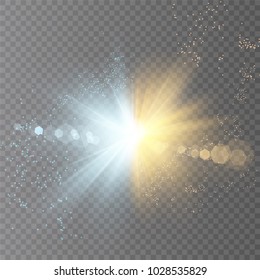 Vector illustration. Collision of two forces of blue and gold magical plasma. Allocation of cold and hot energy. The effect of a flash of light. Lens flare. Star  with a glow effect.