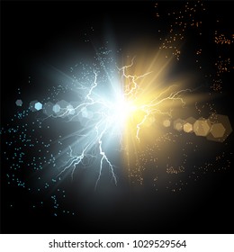 Vector illustration. Collision of two forces of blue and gold magical plasma. Allocation of cold and hot energy. Electric collapse. Flash of two ball lightning isolated on a transparent background.