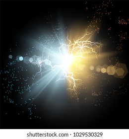 Vector illustration. Collision of two forces of blue and gold magical plasma. Allocation of cold and hot energy. Electric collapse. Flash of two ball lightning isolated on a transparent background.