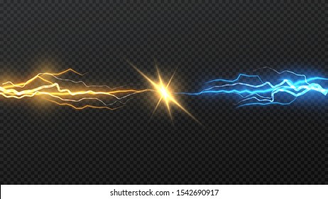 Vector illustration. Collision of two forces of blue and gold lightnings. Electric collapse. Flash of two lightning isolated on a transparent background.