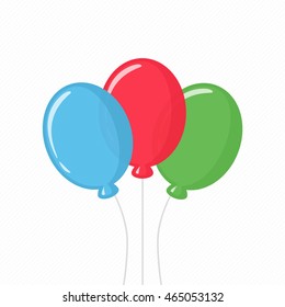 Vector illustration of collorful balloons isolated icon on white background. Three colorful balloons in flat style. Three birthday air balloon with rope.