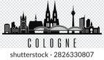 Vector illustration of the Cologne city skyline featuring the Cologne Cathedral, Hohenzollern Bridge, and other iconic landmarks in a minimalist style.