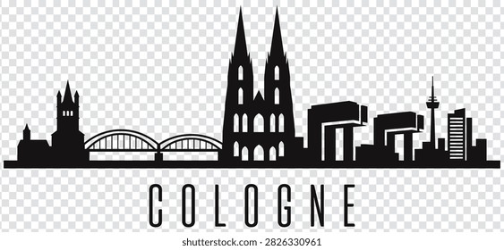 Vector illustration of Cologne city skyline with famous landmarks including the Cologne Cathedral, Hohenzollern Bridge, and Kranhaus buildings.