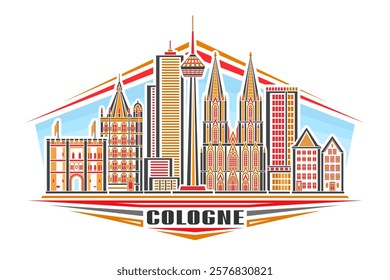 Vector illustration of Cologne, horizontal sign with linear design famous historic cologne city scape on day sky background, european urban line art concept with unique brush letters for text cologne