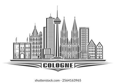 Vector illustration of Cologne, monochrome horizontal card with linear design cologne city scape, european urban line art concept with decorative lettering for black text cologne on white background