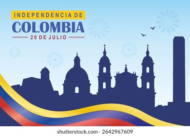 Ilustração vetorial para a comemoração do Dia da Independência da Colômbia com silhueta de edifícios famosos de Bogotá sobre fundo azul. Ideal para banners, cartões de felicitações, cartazes.