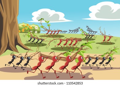 A vector illustration of a colony of ants working together, can be used for teamwork concept