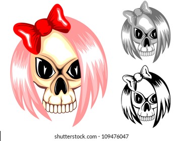 Vector illustration color and black and white skull emo with bow for t-shirt design,