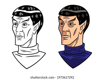 Vector illustration, in color and black and white version, of the face of an extraterrestrial humanoid with pointed ears. Science fiction character.