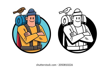Vektorgrafik, in Farbe und Schwarz-Weiß-Version, eines Charakters mit Wanderer-Ausrüstung, mit Kreuzungen, eingerahmt in kreisförmigem Zustand; verwenden Sie ein ähnliches Design-Element.