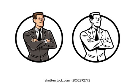 Vector illustration, in color and black and white version, of a businessman in a gray suit, with crossed arms, framed in a circular shape; to use like design element.
