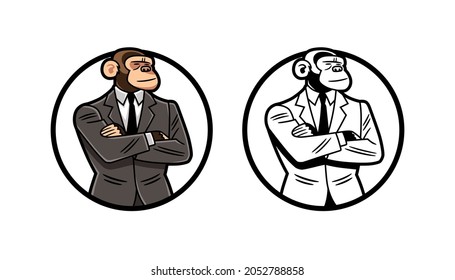 Vector Illustration, In Color And Black And White Version, Of A Chimp In A Gray Suit, With Crossed Arms, Framed In A Circular Shape; To Use Like Design Element.