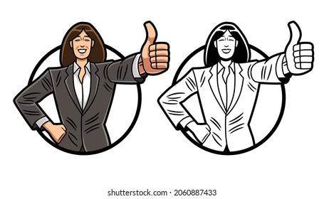 Vector illustration, in color and black and white version, of a businesswoman in a gray suit, doing the sign of ok with her hand, framed in a circular shape.