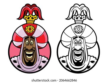 Ilustración vectorial, en color y versión en blanco y negro, de la cara de un feliz rey africano con un gran turbante con corona, enmarcada en forma circular.