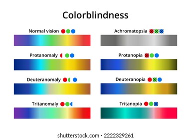 Vector illustration of color blindness or colorblindness. Normal vision, achromatopsia, protanomaly, protanopia, tritanomaly, tritanopia, deuteranomaly, deuteranopia. Color vision deficiency spectrum.