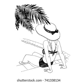 Vector illustration for color book. Back view of fashion woman on summer vacation relaxing at luxury resort spa poolside. Young fashionable lady wearing sun hat and sitting under the palm tree.