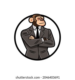 Vector Illustration, In Color And Border Lines, Of A Chimp In A Gray Suit, With Crossed Arms, Framed In A Circular Shape, To Use Like Logo Or Design Element.