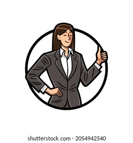 Vector illustration, in color and border lines, of a businesswoman in a gray suit, doing the sign of ok with her hand, framed in a circular shape, to use like logo or design element.