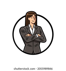 Ilustración vectorial, en colores y líneas fronterizas, de una empresaria que lleva traje, con los brazos cruzados, enmarcada en forma circular, para usar como logotipo o elemento de diseño.