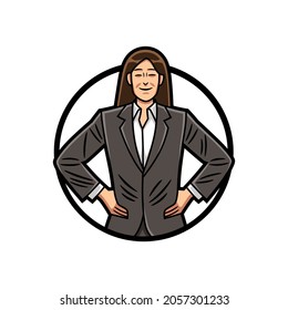 Vector illustration, in color and border lines, of a businesswoman wearing gray suit, with her hands on her waist, framed in a circular shape.