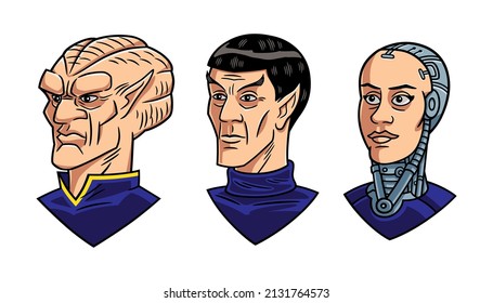 Ilustración vectorial, en color con líneas de borde, de la cara de tres personajes de ciencia ficción.