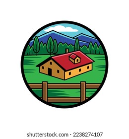 Vector illustration, in color and borderlines, of a cottage with a fence in a mountain environment, framed in a circular shape; to use like design element.