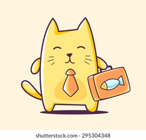 Vector illustration of color business character cat with briefcase on yellow background. Hand draw line art design for web, site, advertising, banner, poster, board, print and card.  