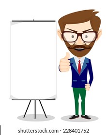 Vector illustration of a color cartoon character.Friendly businessman leaning against blank billboard giving the thumbs up